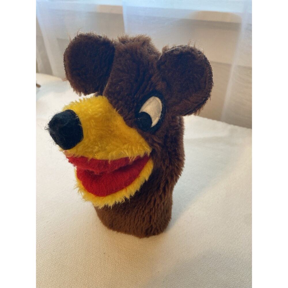 Vtg Sheram Hand Puppet Dog MADE IN USA Dog Brown Yellow Red Mouth Plush